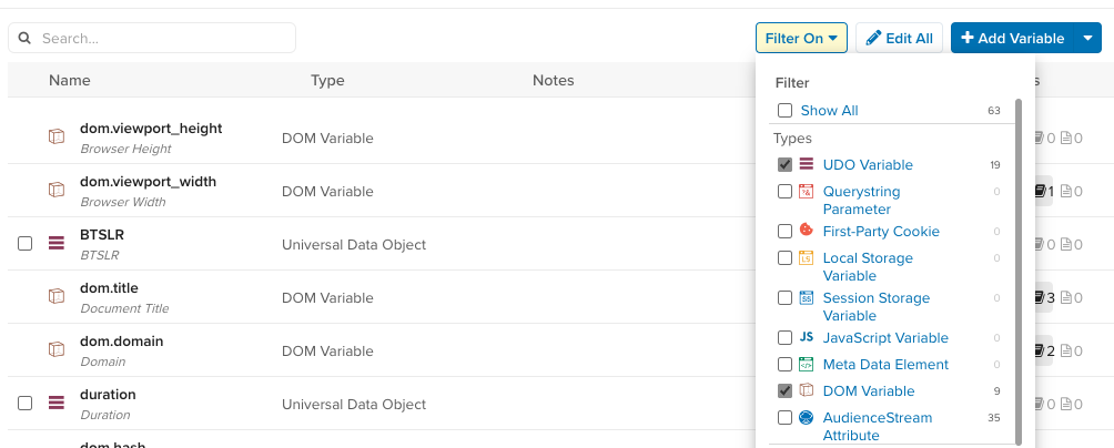 Tealium iQ Data Layer Variable Types in the filter Tealium iQ Data Layer Variable Types in the filter